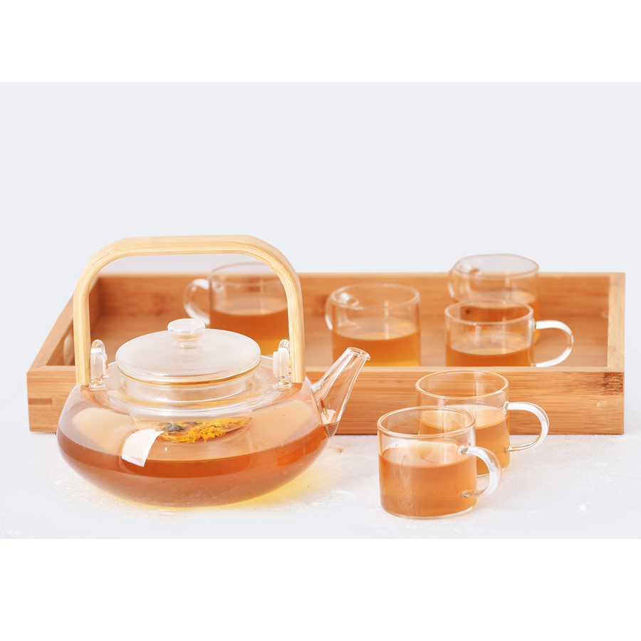 Bộ Ấm Thủy Tinh Chịu Nhiệt Quai Gỗ Cao Cấp Kèm 6 Chén Và Khay Sang Trọng