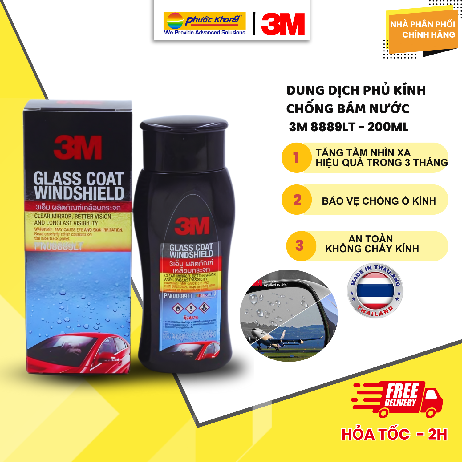 Dung Dịch Chống Bám Nước Kính Xe 3M 08889LT 200ml - Hàng Chính Hãng Nhập Khẩu Thái Lan (Tặng Kèm Khăn Lau &amp; Găng Tay)