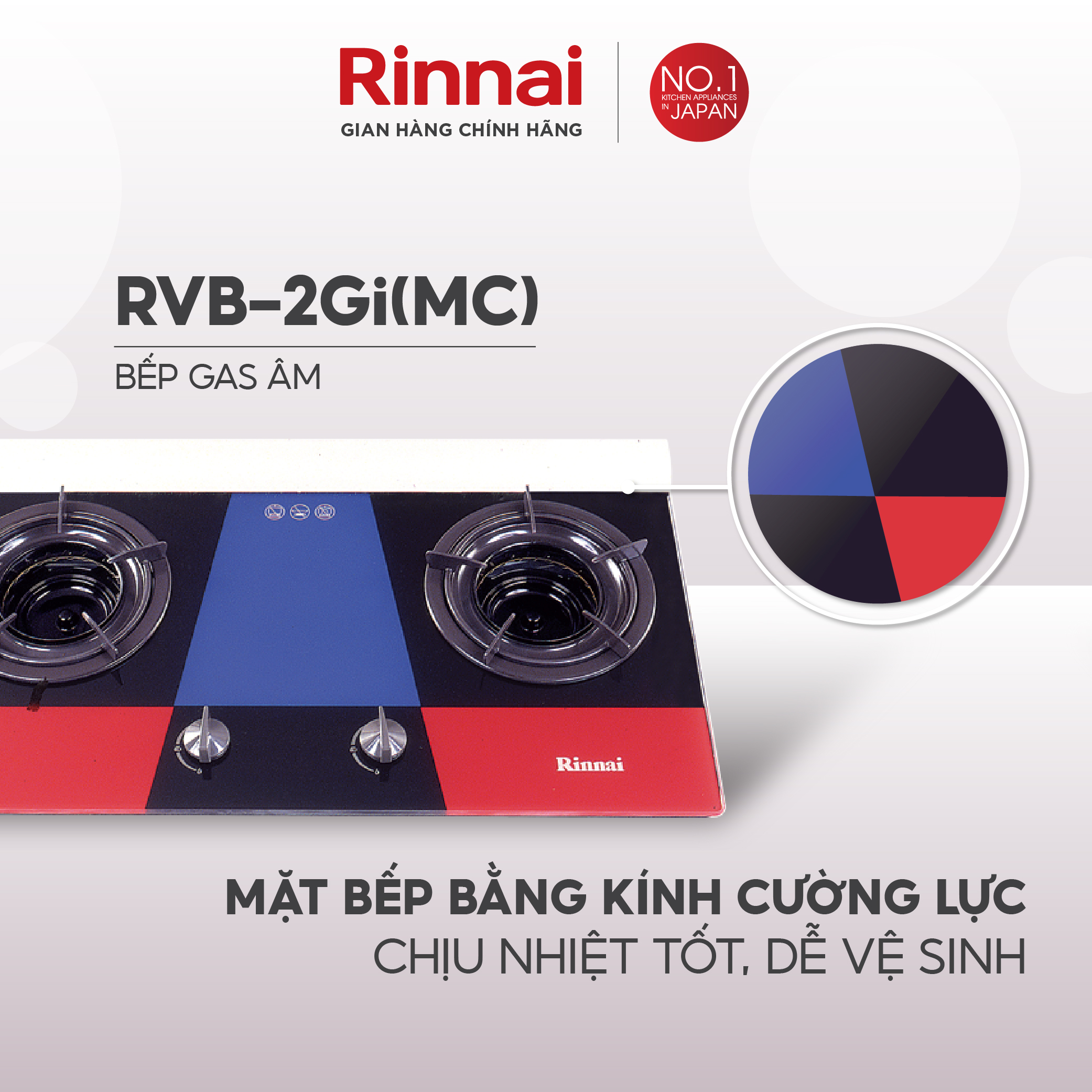 Bếp gas âm đầu đốt trong Rinnai RVB-2Gi mặt bếp kính và kiềng bếp men - Hàng chính hãng