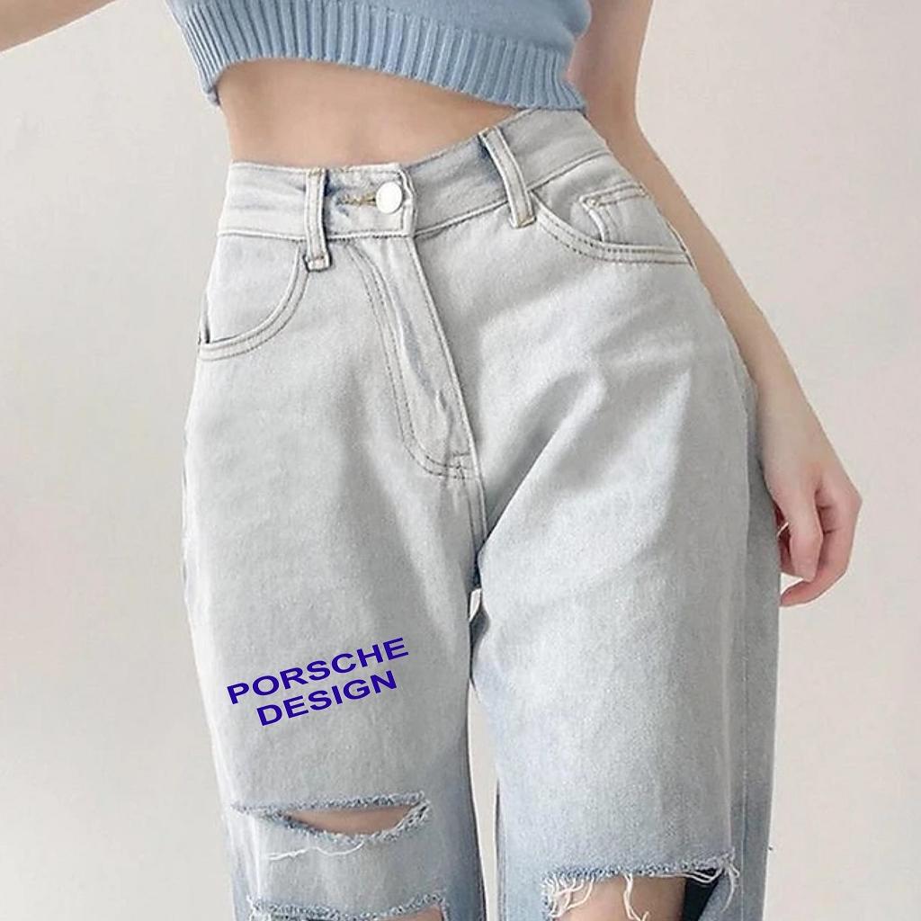 Quần jean baggy nữ loang màu in chữ cạp cao phong cách ulzzang - Quần bò baggy lưng cao loang màu rách gối in chữ