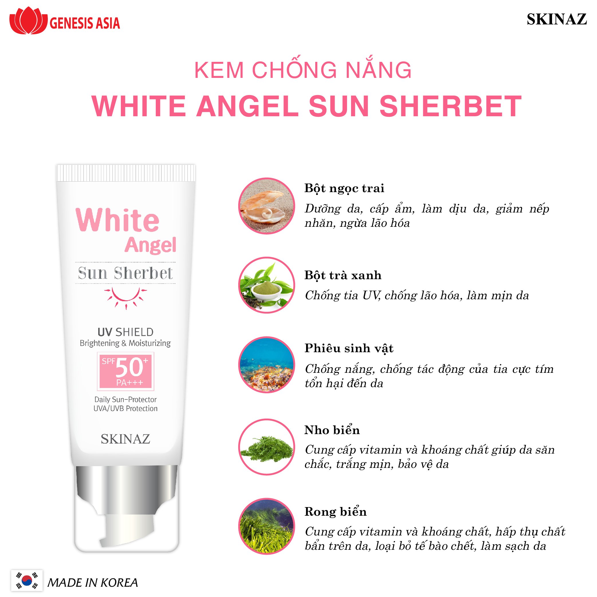 Kem Chống Nắng White Angel Sun Sherbet Skinaz - SPF 50 +, PA +++ Không gây bít tắc lỗ chân lông, tạo cảm giác thoải mái