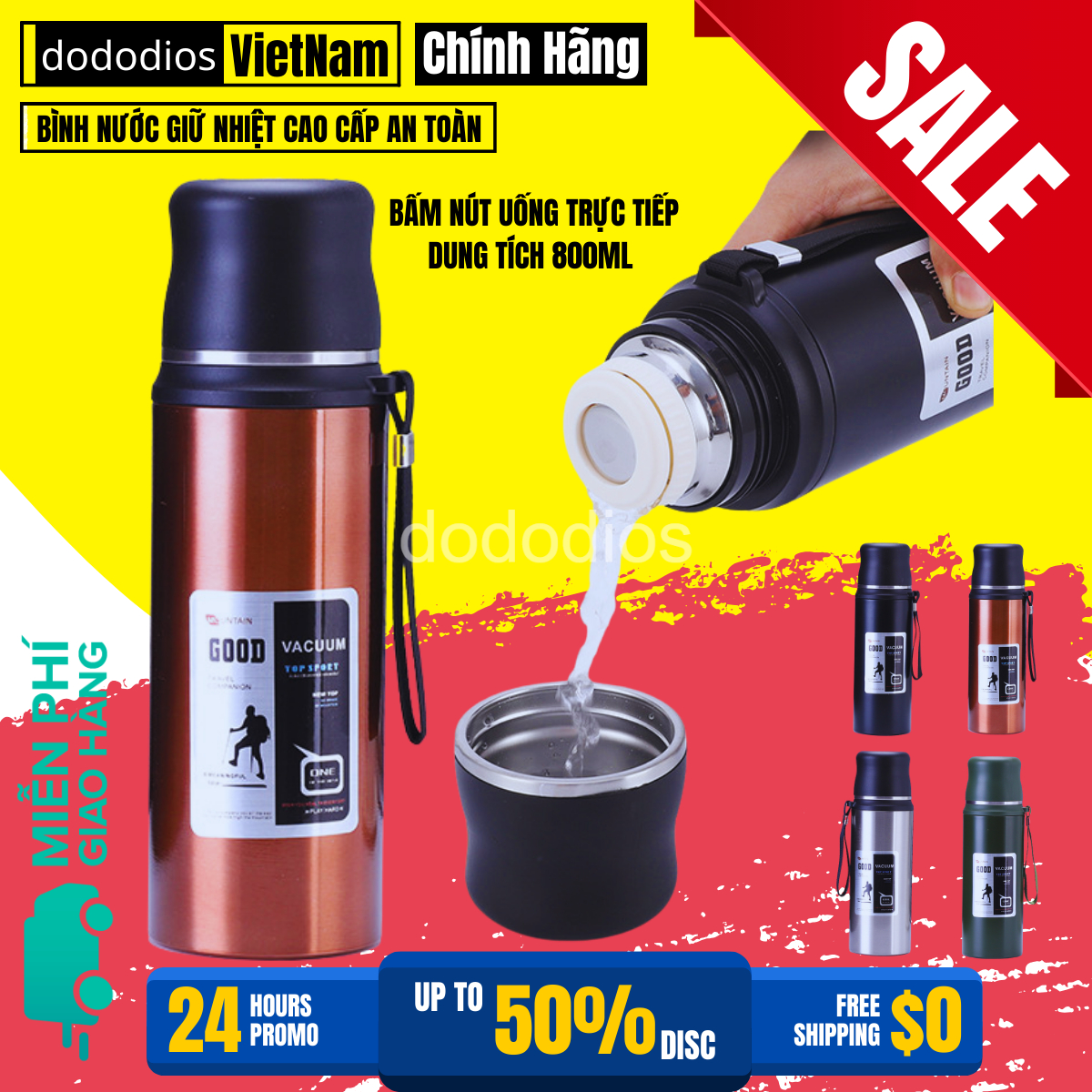 Bình Giữ Nhiệt Bucket Tumbler LHC4269 540ml - Bucket Tumbler with Straw LHC4268 540ml - Bình giữ nhiệt dododios 800ml LHC6180 Vacuum Bottle - Hàng chính hãng, có bấm nút uống trực tiếp, dây treo xách