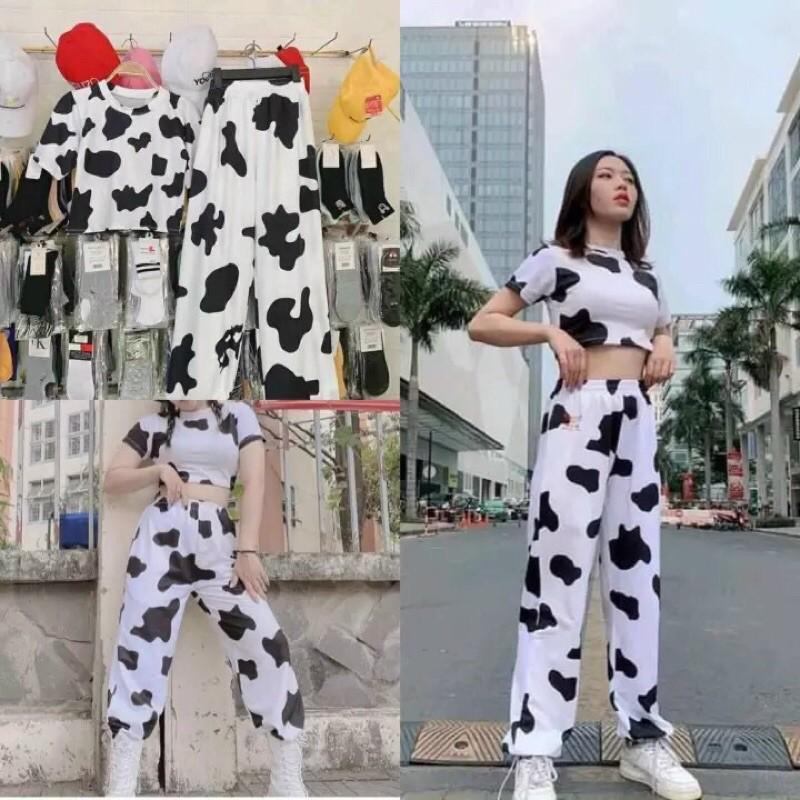 Áo thun kiểu croptop nữ in bò sữa