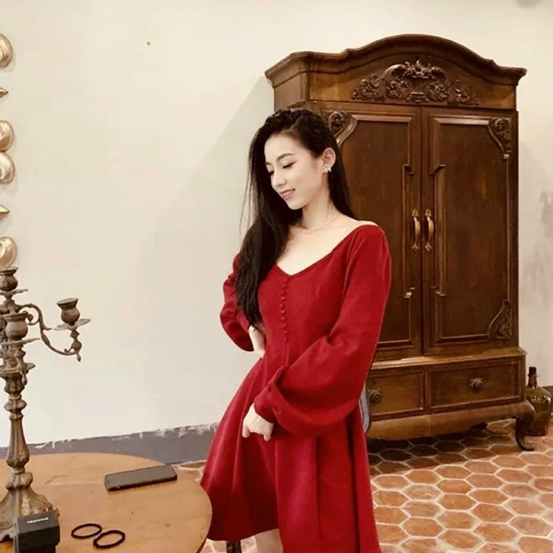 Đầm cổ V tay dài nút bọc ĐẦMCÔNG SỞ