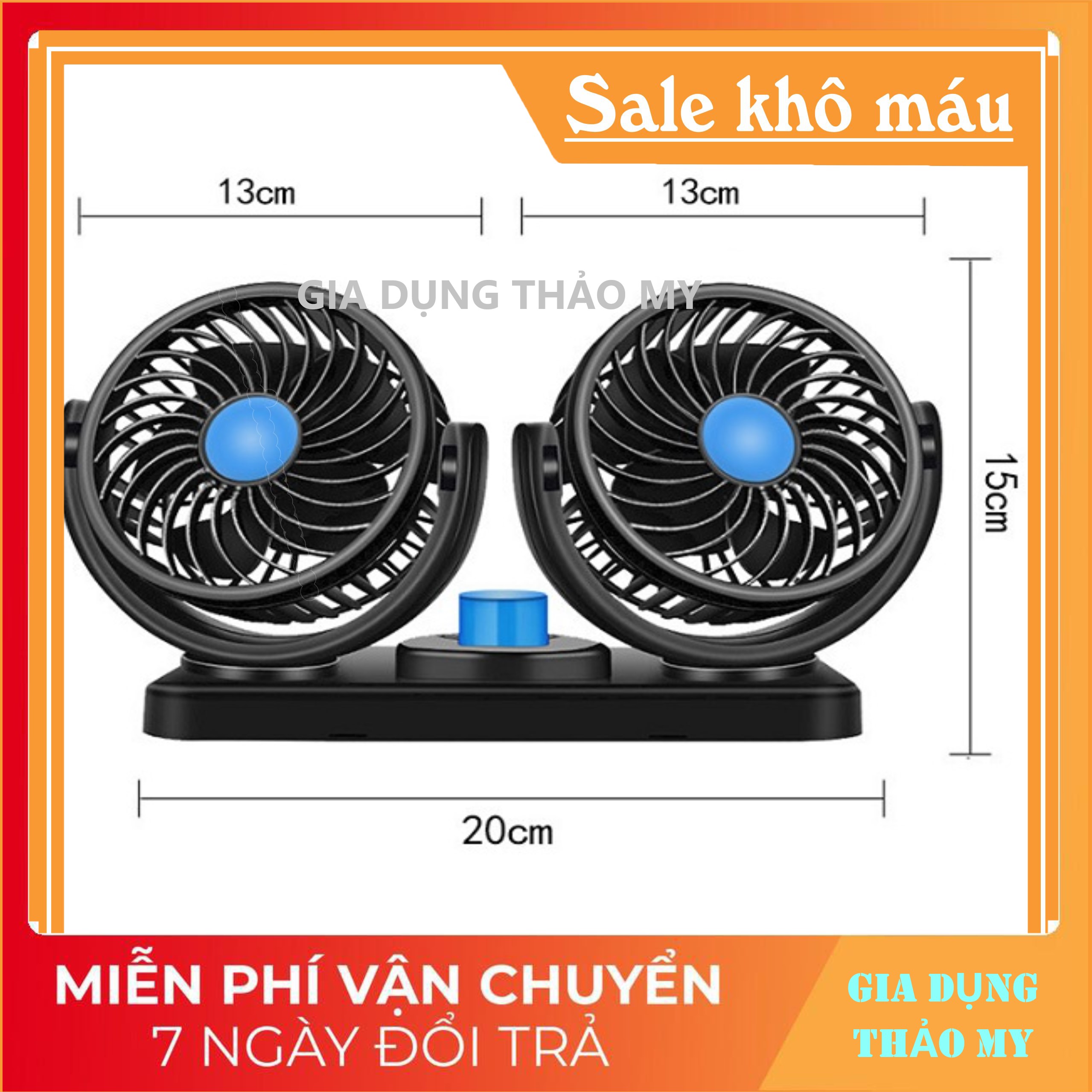 Quạt Đôi Mini Ô Tô Để Bàn Làm Việc Công Suất 10W - 12V 24V Xoay 360 độ