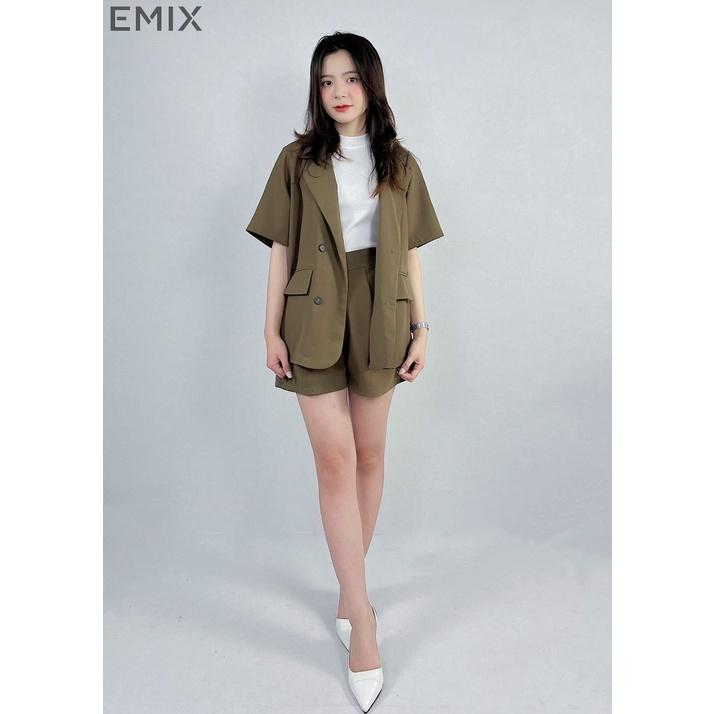 Set vest cộc tay EMIX (màu nâu), áo blazer cộc tay, quần short cạp cao, form rộng, có cúc, chất trượt hàn 109