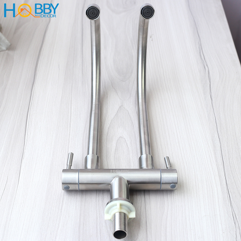 Vòi rửa chén lạnh 2 vòi xả gắn chậu xoay 360 Hobby Home Decor RC2D inox 304 không rỉ sét kèm dây cấp