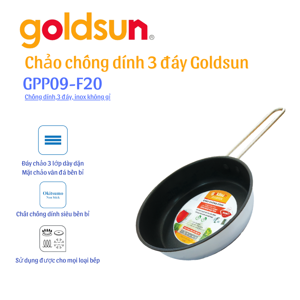 Chảo Inox Chống Dính Goldsun GPP09 F20 (20cm) Dùng Mọi Bếp - Chính Hãng