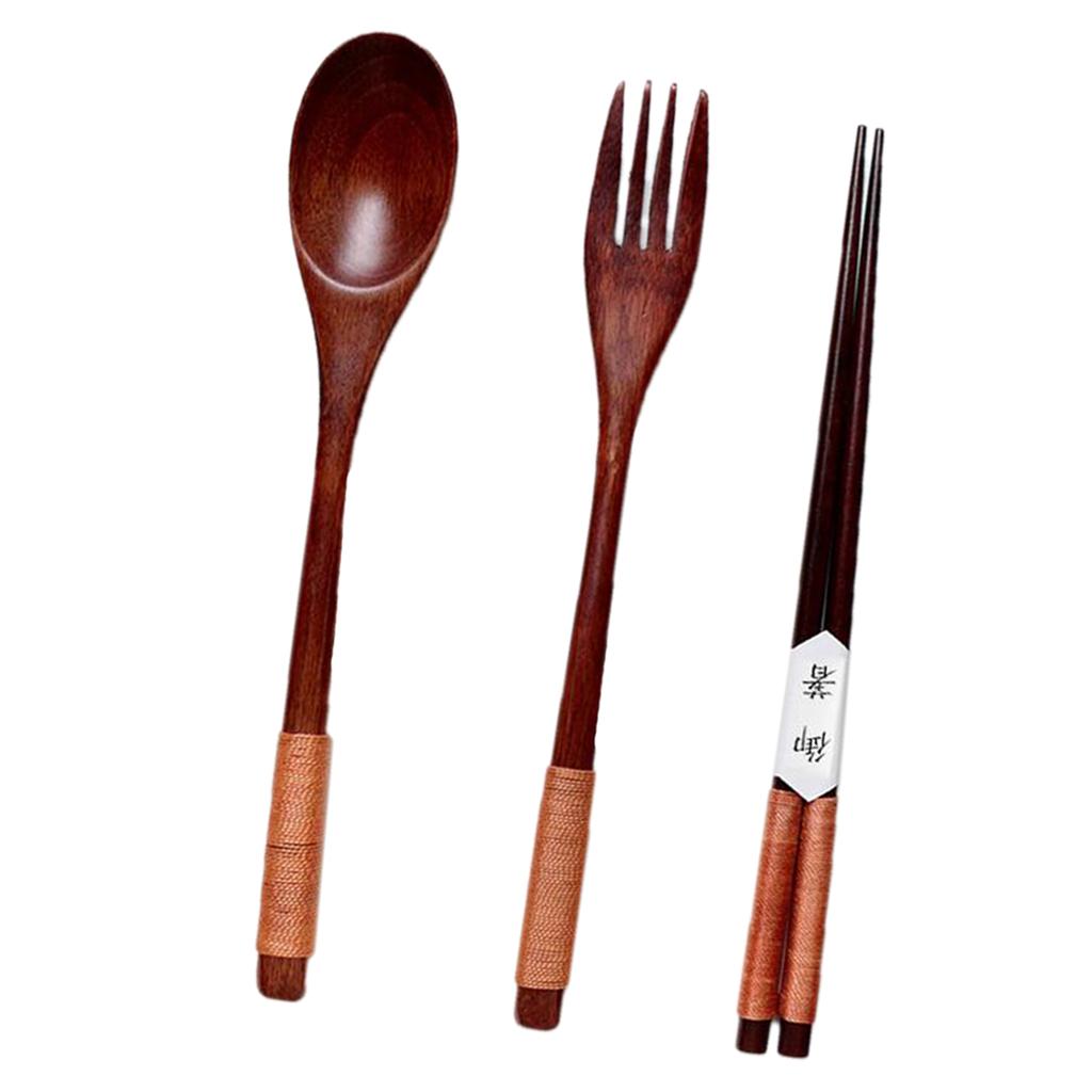 Wooden Spoon Fork Chopsticks Set, Lunch Tableware, Japanese Style