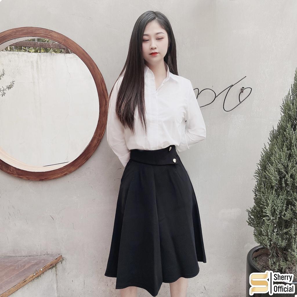 Chân váy dài qua gối phối 2 khuy