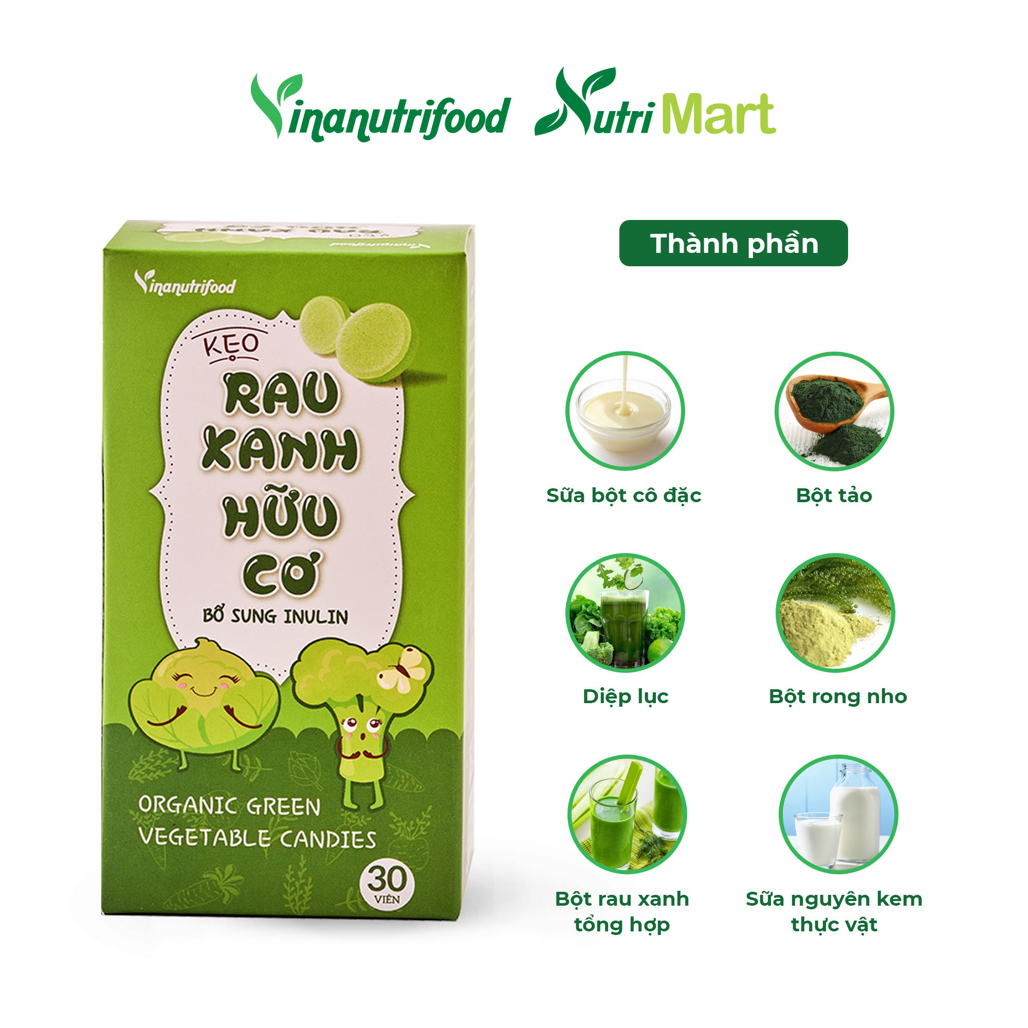 Kẹo rau xanh Vinanutrifood bổ sung chất xơ thành phần từ rau xanh, sữa bò cô đặc, đường ăn kiêng Isomalt, bổ sung tinh chất rau củ chứa vitamin và khoáng chất xơ, có lợi cho tiêu hóa, phù hợp với bé lười ăn rau, hộp 30 viên