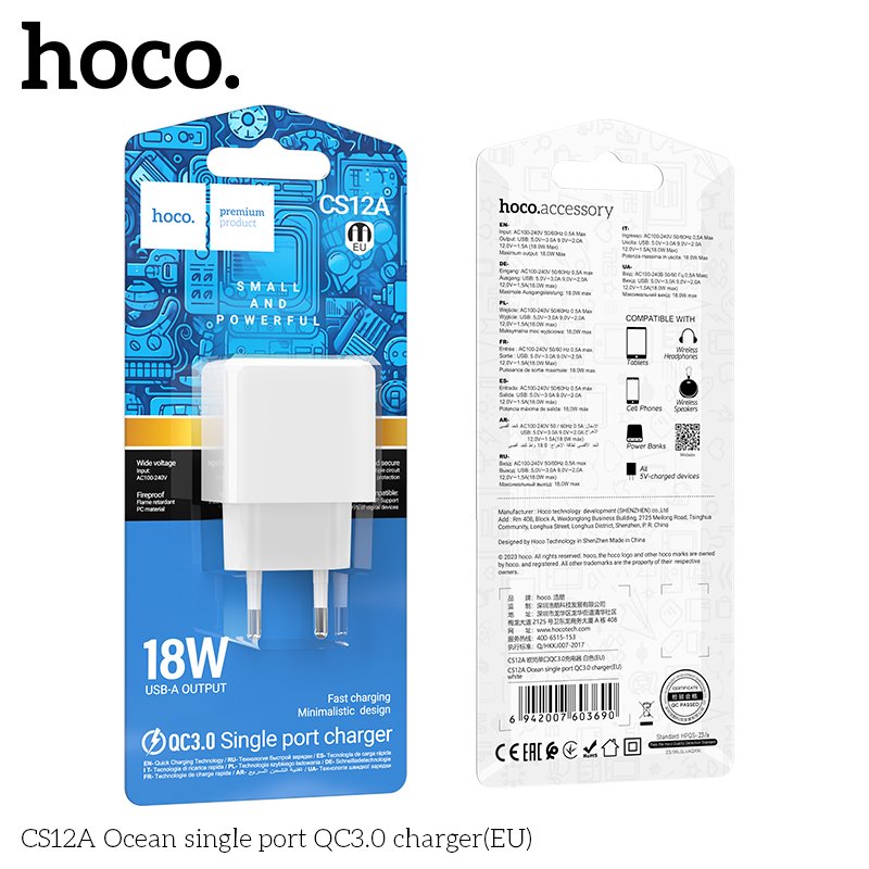 Cốc Sạc Nhanh Dành Cho Hoco Qc3.0 18W CS12A 1 Cổng USB Hàng Chính Hãng