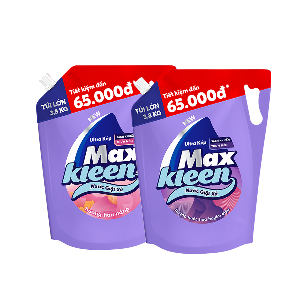 Combo Túi Nước Giặt Xả MaxKleen Hương Huyền Diệu Túi 3.8kg + Hương Hoa Nắng 3.8kg