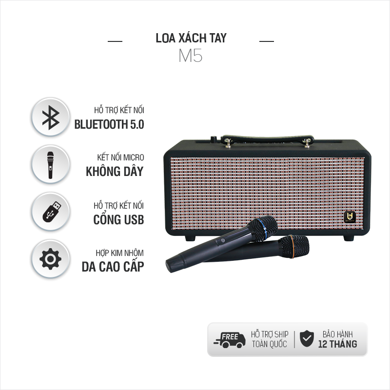 [ TẶNG KÈM 2 MICRO HỢP KIM ] Loa Kéo Bluetooth Xách Tay Nhỏ Gọn 2 Bass &amp; 2 Treble B&amp;D M5 - Hàng Chính Hãng