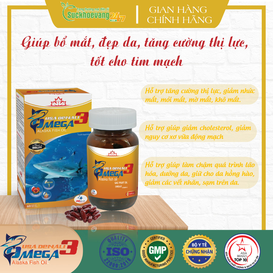 Viên uống USA Denali Omega 3 bổ mắt, đẹp da, tăng cường thị lực, tốt cho tim mạch - Hộp 60 viên.