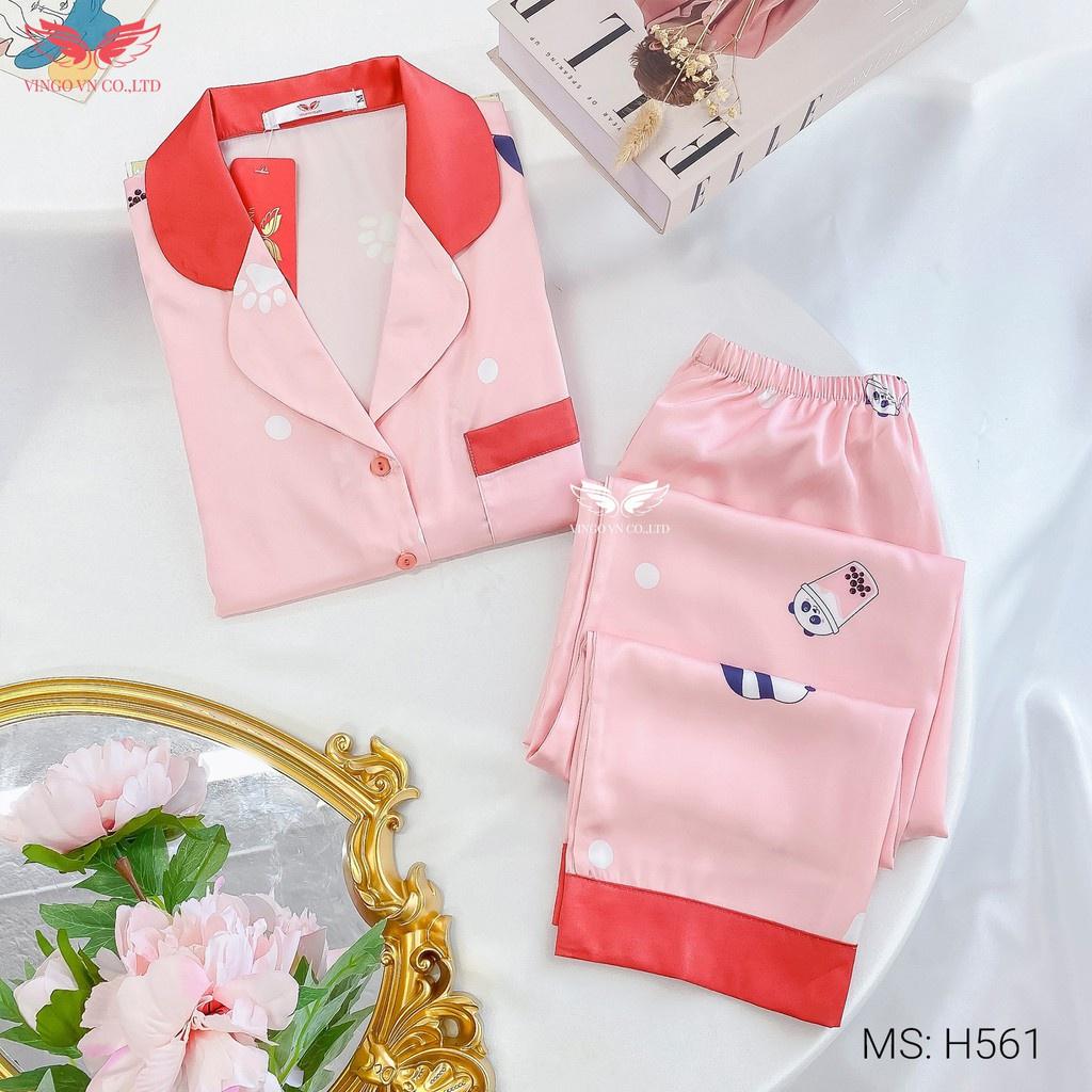 Đồ bộ nữ mặc nhà Pyjama VINGO Lụa Pháp cao cấp tay dài quần dài hình cốc trà sữa nền hồng mùa Thu Đông H561 VNGO - TDQD