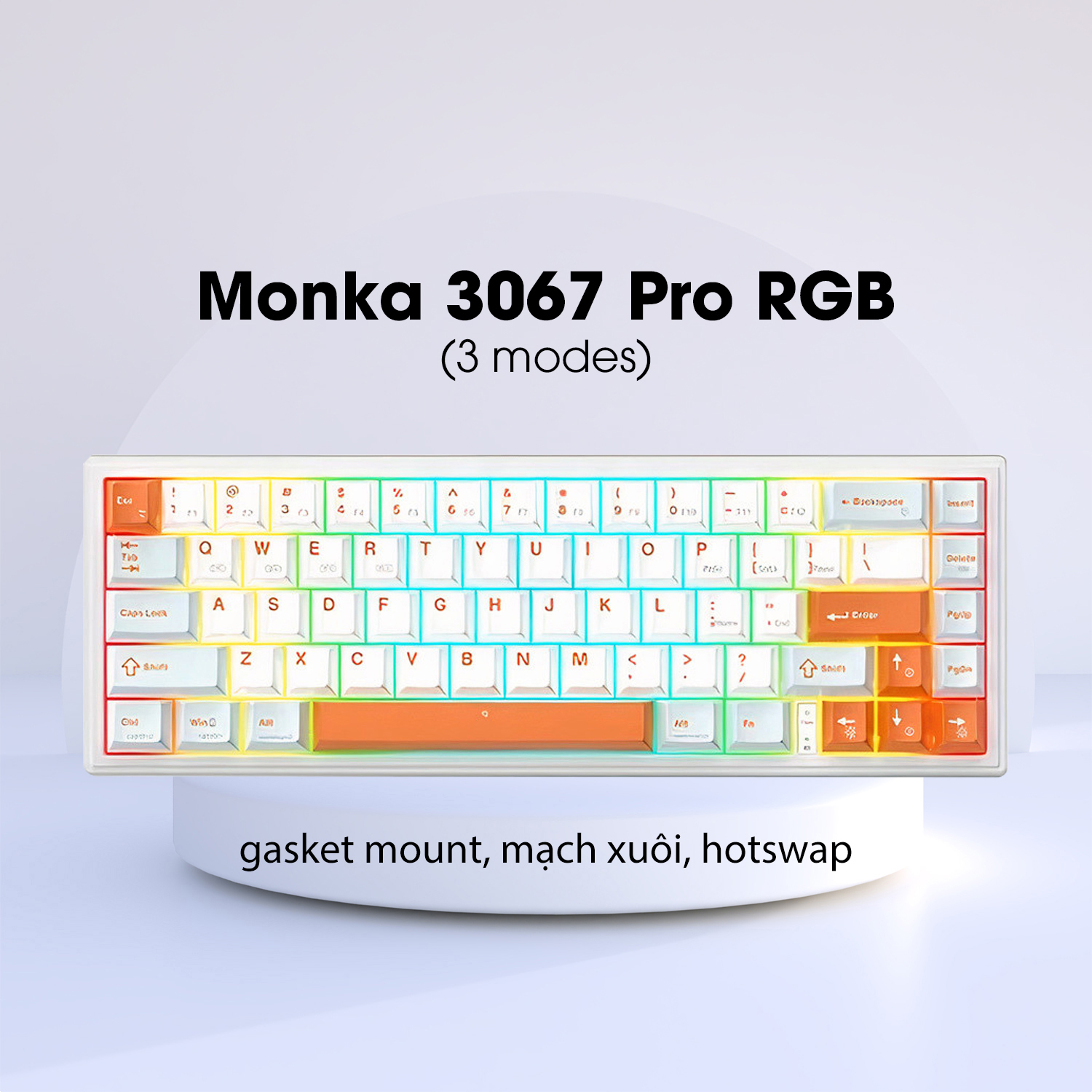 Bàn phím cơ không dây Monka 3067 pro - Hỗ trợ hotswap - LED RGB nhiều chế độ - Mạch xuôi - Hàng chính hãng