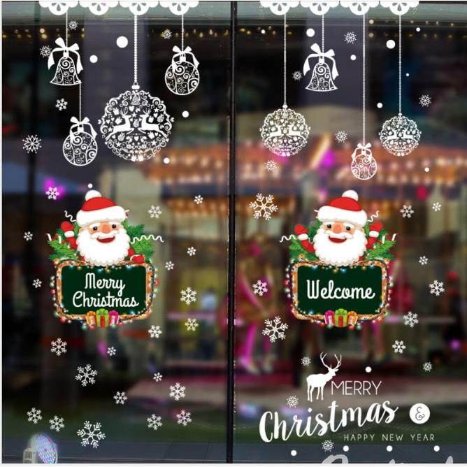 Decal trang trí noel size lớn, bộ kết hợp rèm trái châu và ông già noel vui vẻ