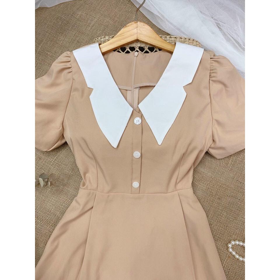 Đầm dự tiệc dáng xòe cổ bâu trắng, Váy công sở cổ trắng Cao Cấp đính nút ngực, nữ tính tôn dáng, nude - MiNhi Fashion