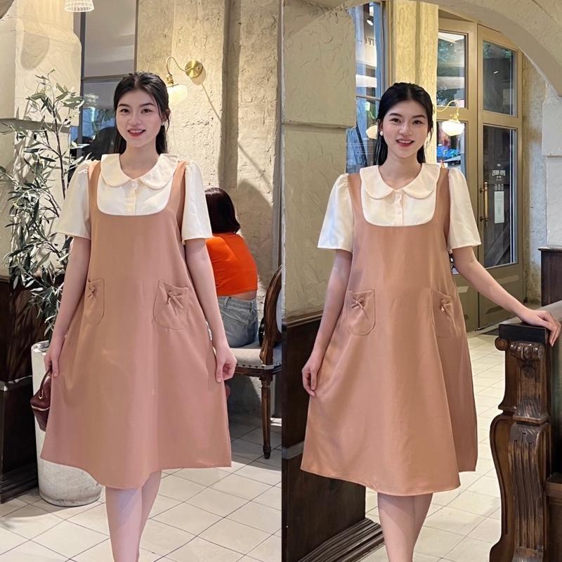 Đầm bầu yếm liền cổ sen phối túi đính nơ form suông thanh lịch chất cotton lạnh Váy Bầu Xinh - Nâu