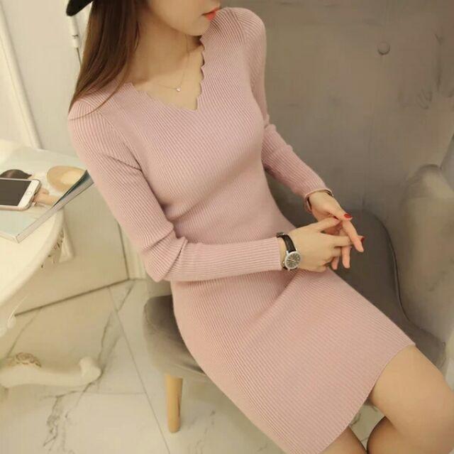 Đầm len cao cấp nữ, đầm nữ cổ chữ V, đầm dạo phố