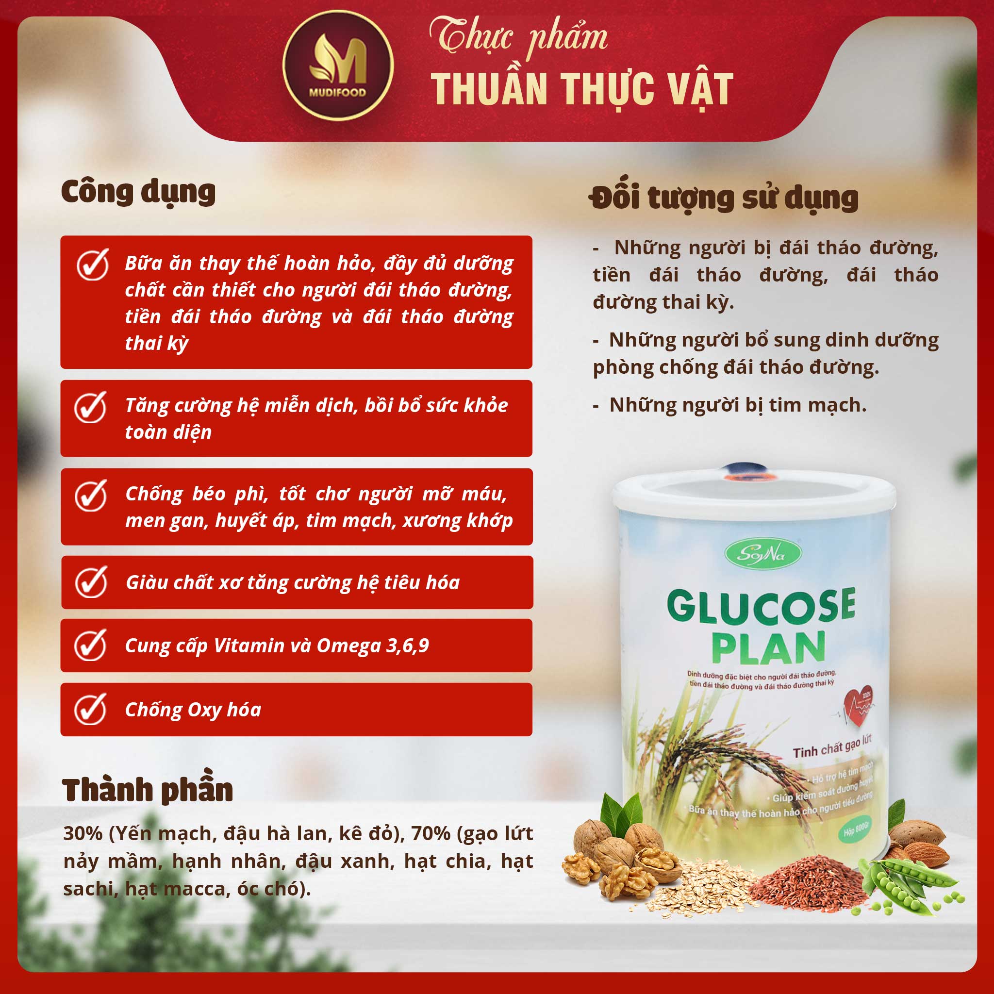 Sữa Hạt Glucose Plan Tinh Chất Gạo Lứt Soyna 800g - Sữa Ăn Kiêng, Bổ Sung Dinh Dưỡng cho Người Cao Tuổi, Tiểu Đường, Tim Mạch, Mỡ Máu, Xương Khớp, Kiểm Soát Đường Huyết, Bữa Ăn Thay Thế Hoàn Hảo Cho Người Bệnh - Tặng Bột Sữa Mầm Gạo Lứt 300g