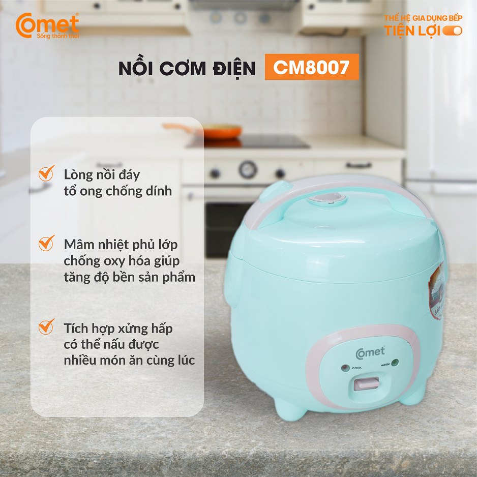 Nồi cơm điện nắp gài Comet CM8007 dung tích 1.8L – Công suất 700W, lòng nồi chống dính, dễ vệ sinh - Hàng chính hãng