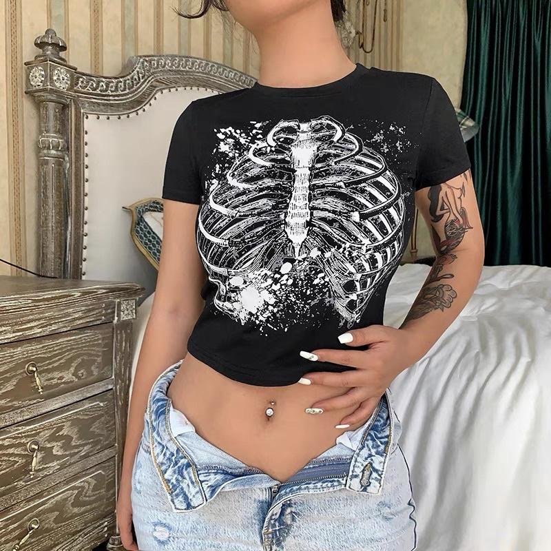 áo croptop hình xương chất lừ phong cách Âu Mỹ