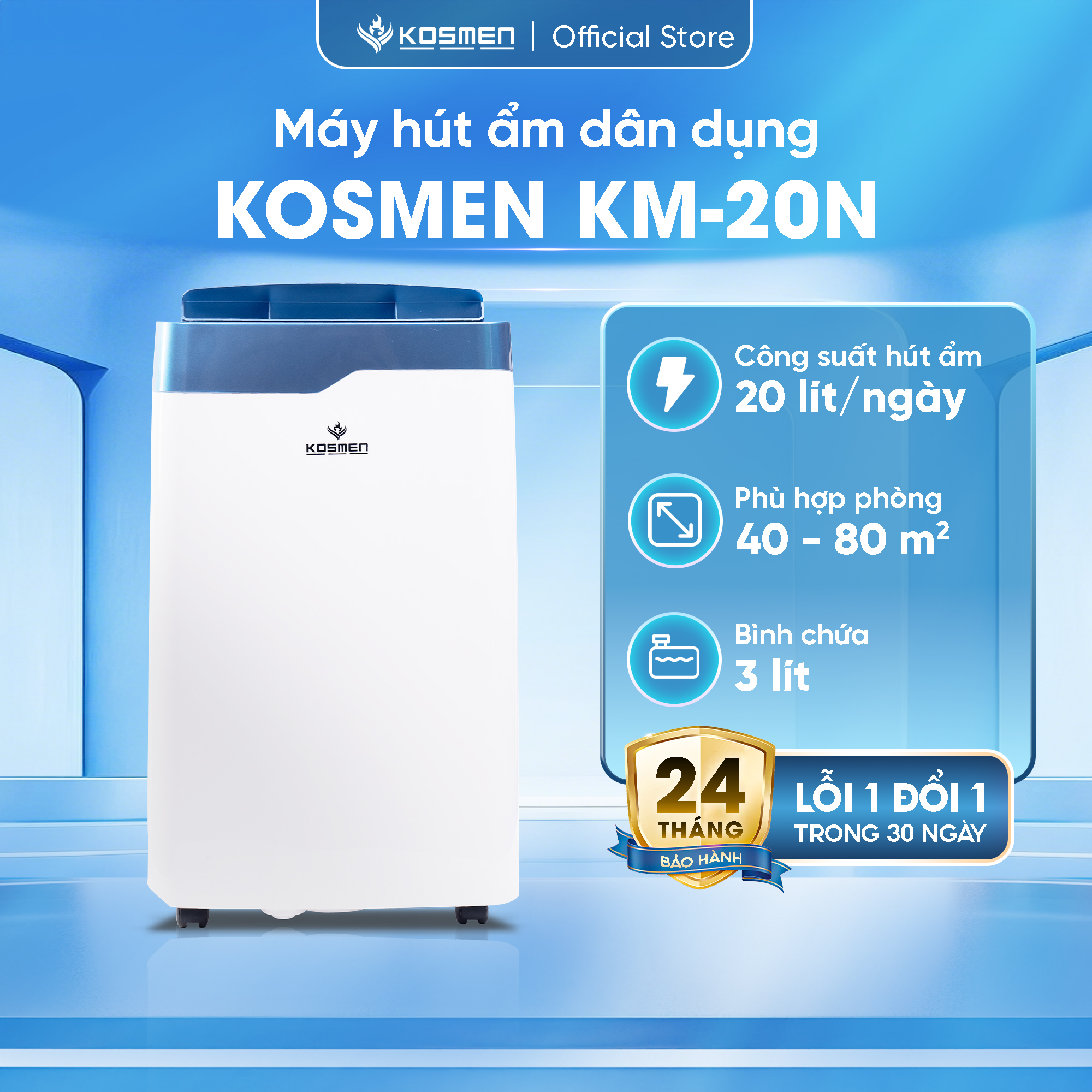 Máy Hút Ẩm Dân Dụng Kosmen KM-20N - Thích Hợp Không Gian 80m2 - Hàng Chính Hãng Bảo Hành 24 Tháng