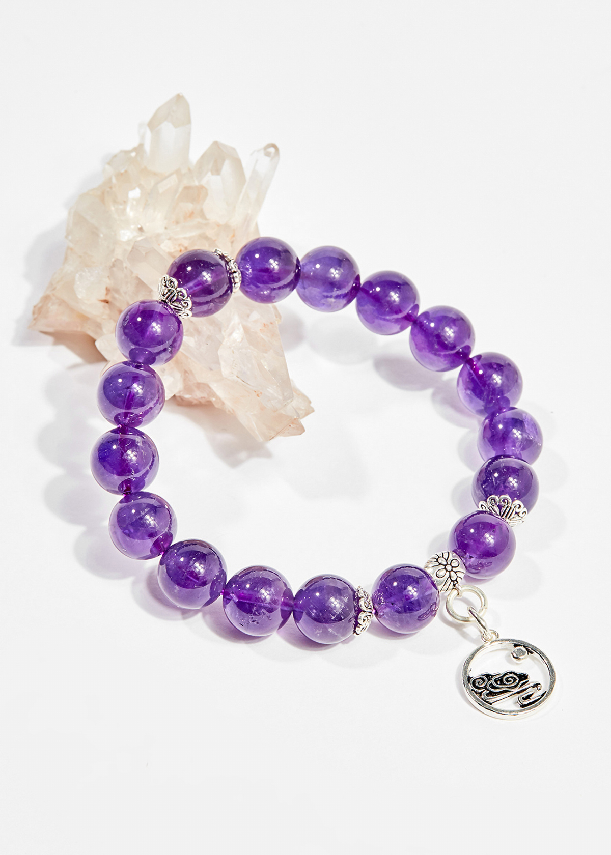Vòng tay phong thủy đá thạch anh tím charm hoa 10mm mệnh hỏa , thổ - Ngọc Quý Gemstones