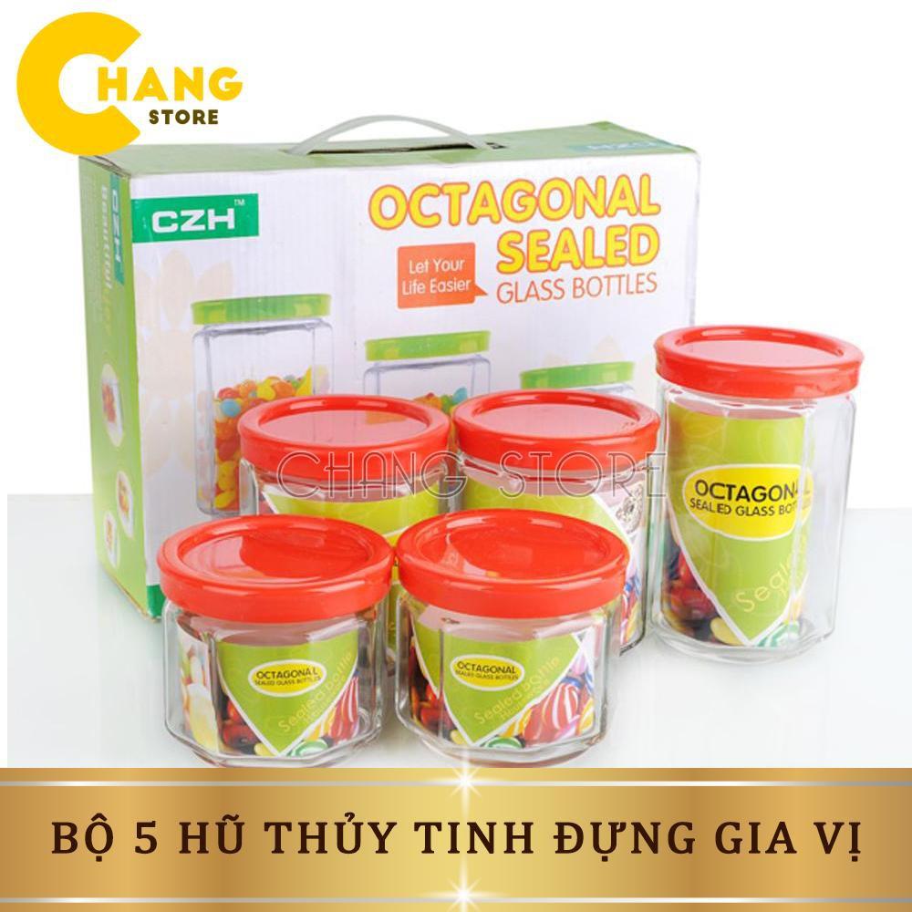 Bộ 5 Hũ Thủy Tinh Đựng Gia Vị Cao Cấp