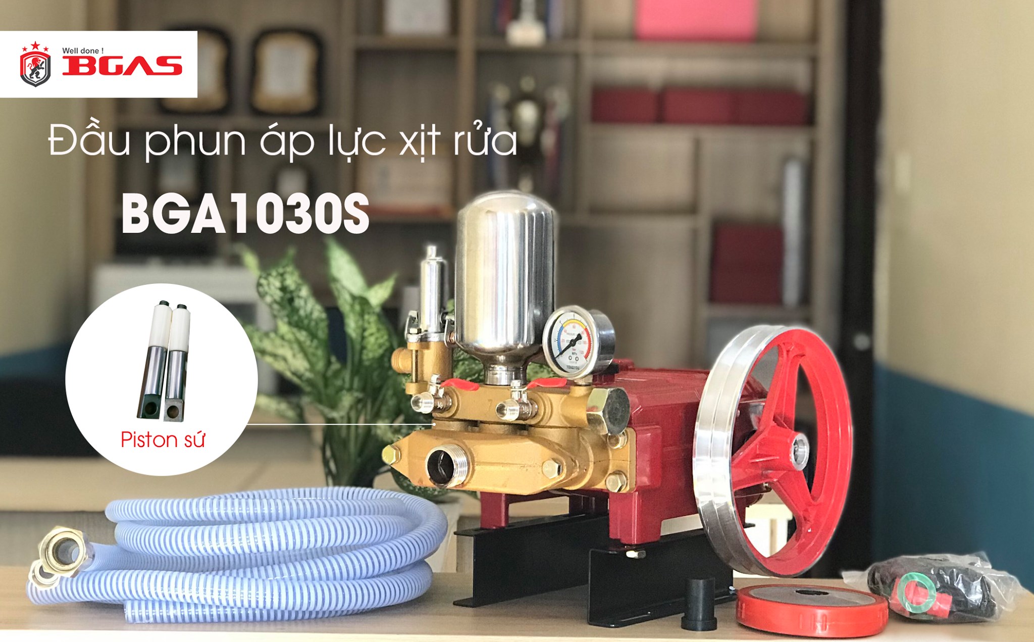 Đầu phun xịt rửa áp lực 3hp (pít tông sứ, lớn 3x30) BGAS BGA1030S- Hàng chính hãng