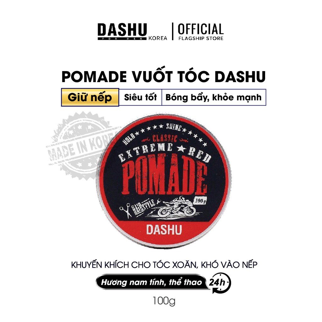 Pomade tạo kiểu tóc nam Hàn Quốc Dashu Dash Classic Renewal Extreme Red Pomade 100g, thành phần 90% thảo dược, thiết kế riêng cho người châu á, độ bóng 4, giữ nếp 10, hương nước hoa 3 tầng mùi cổ điển.