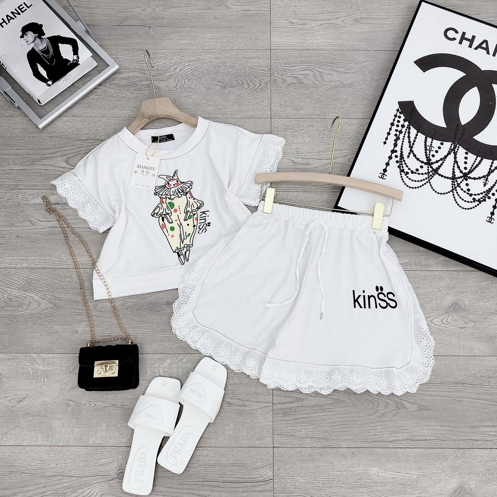 Đồ bộ đi chơi nữ Set áo croptop mix quần sooc phối viền ren bánh bèo, Áo crt tay rộng mix quần sooc viền ren cực xinh