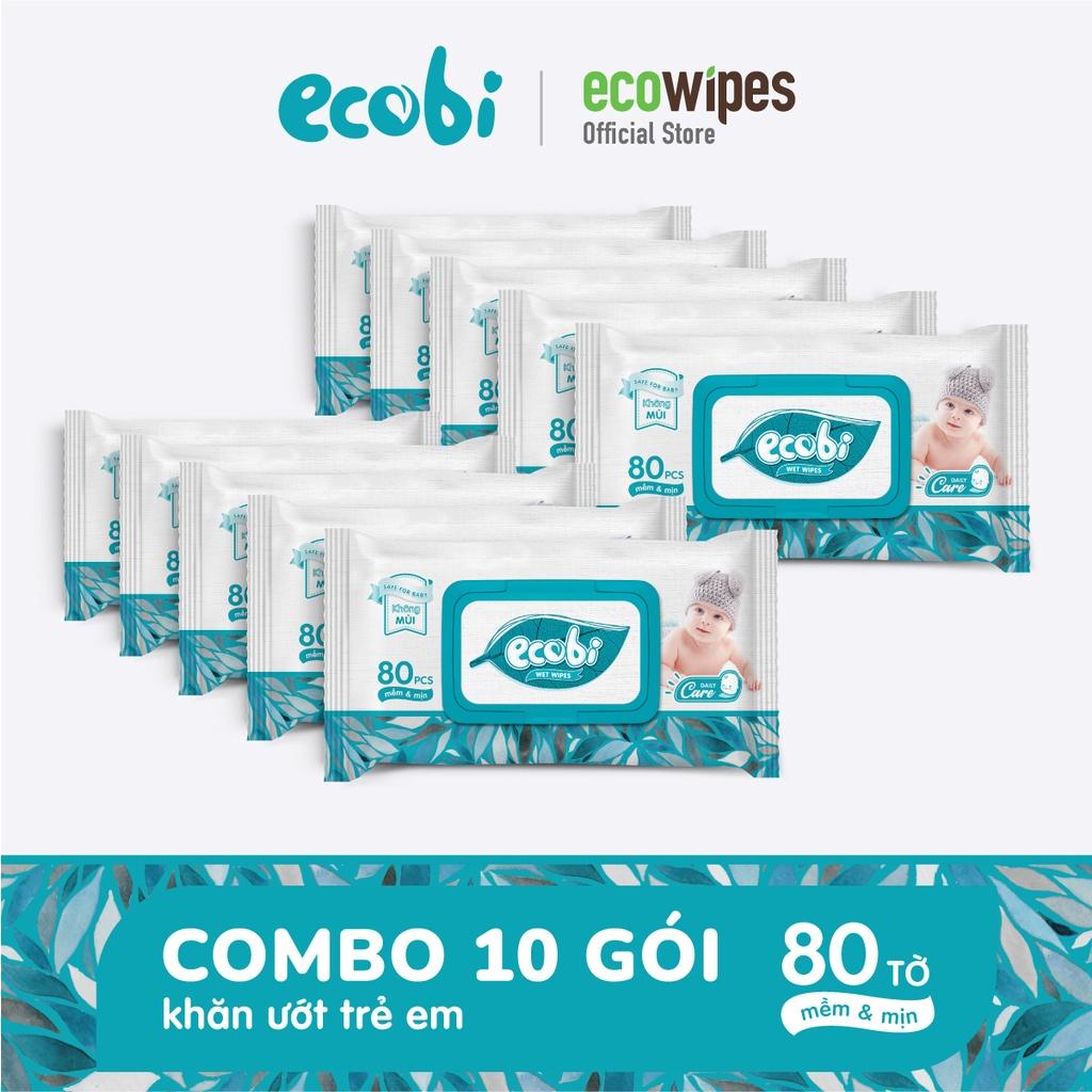 Combo 10 gói khăn giấy ướt cho bé Ecobi gói 80 tờ Không mùi không cồn không paraben an toàn cho da của bé