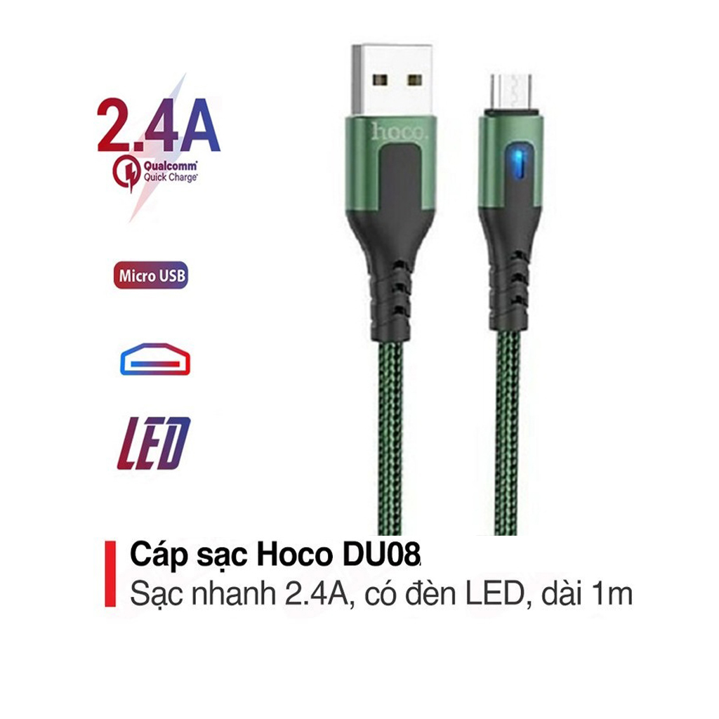 Cáp sạc nhanh 2.4A Hoco DU08 kết nối Micro tích hợp đèn Led dây dù dài 1M cho Android ( 3 màu ) - Hàng chính hãng