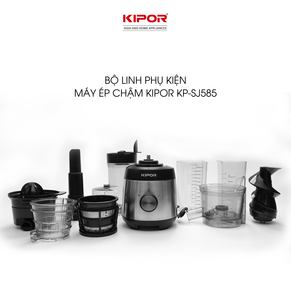 Máy ép chậm KIPOR KP-SJ585 - Cửa tiếp liệu lớn ép hoa quả nguyên trái,rau má, cần tây nguyên nhánh - Tặng kèm vắt cam, làm kem -Hàng chính hãng