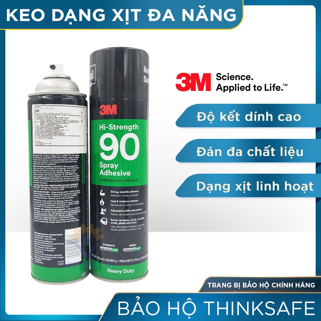 Keo xịt đa năng 3M Thinksafe Hi-Strength 90, siêu dính dán được nhiều vật liệu, độ kết dính cao, keo xịt nhanh khô