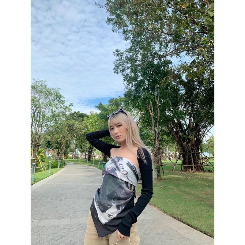 Áo Lucy cột khăn và ống tay len / Lucy kerchief top with wool sleeves - Freesize