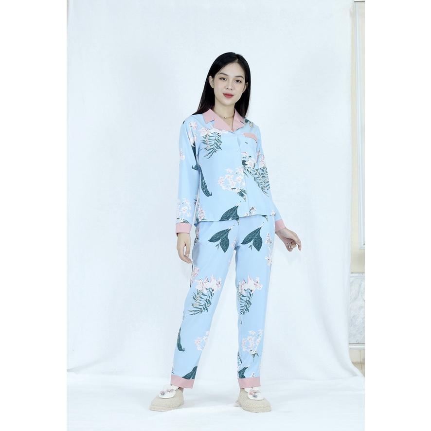 Bộ đồ Pijama nữ dài họa tiết NỀN XANH HOA LÁ Cực Kì Sang Chả