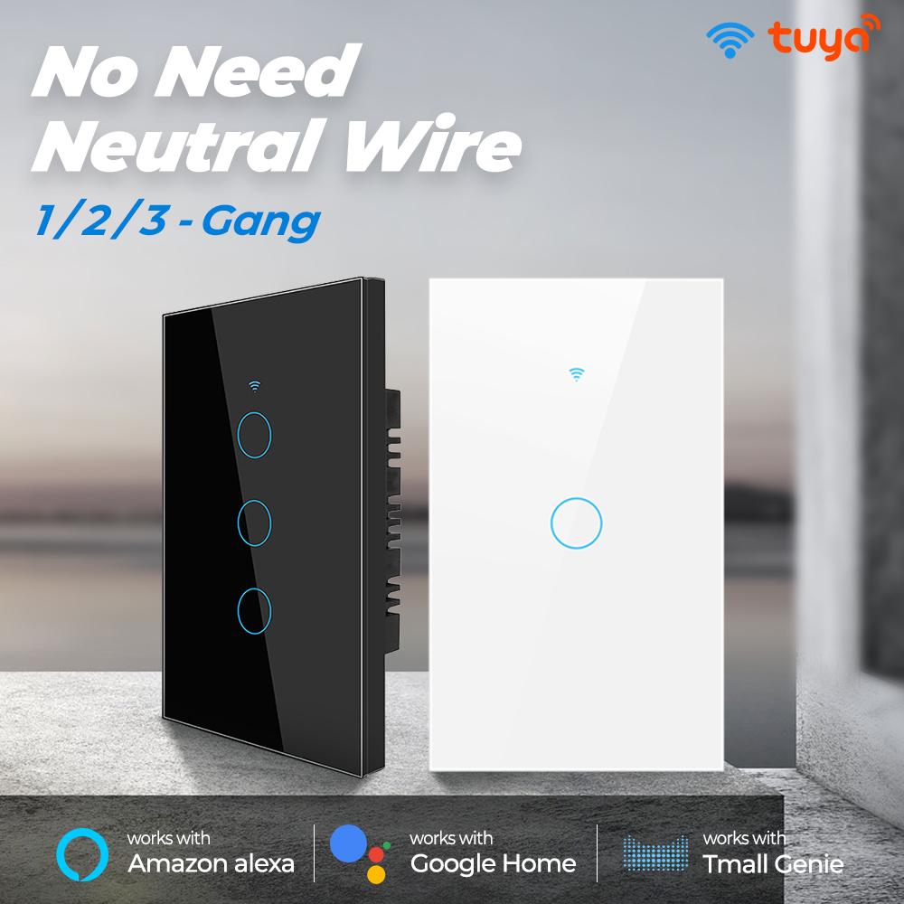 Tuya Wifi Us Brazil Smart Touch Switch Light Không có Neutral 110V 220V 1/2/3 Gang Wall On Off Screen Panel Đối với Alexa Trang chủ Google