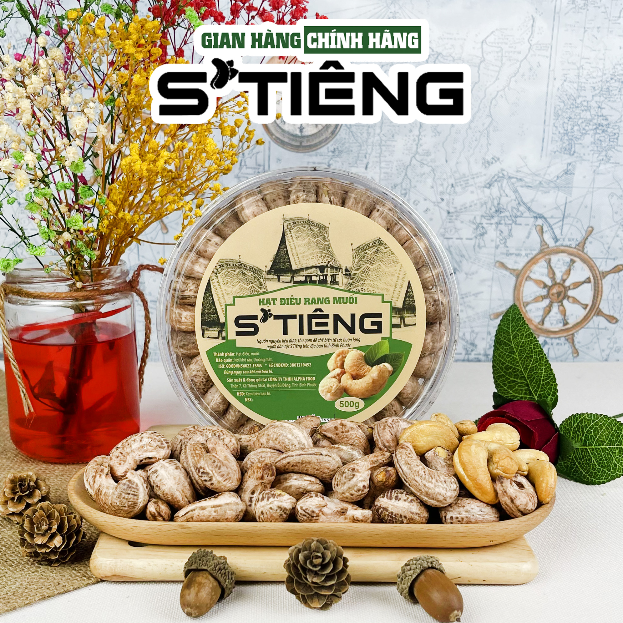 500Gr Hạt Điều Rang Muối Nguyên Hạt S'TIÊNG Hộp Xếp Hoa Đẹp Mắt
