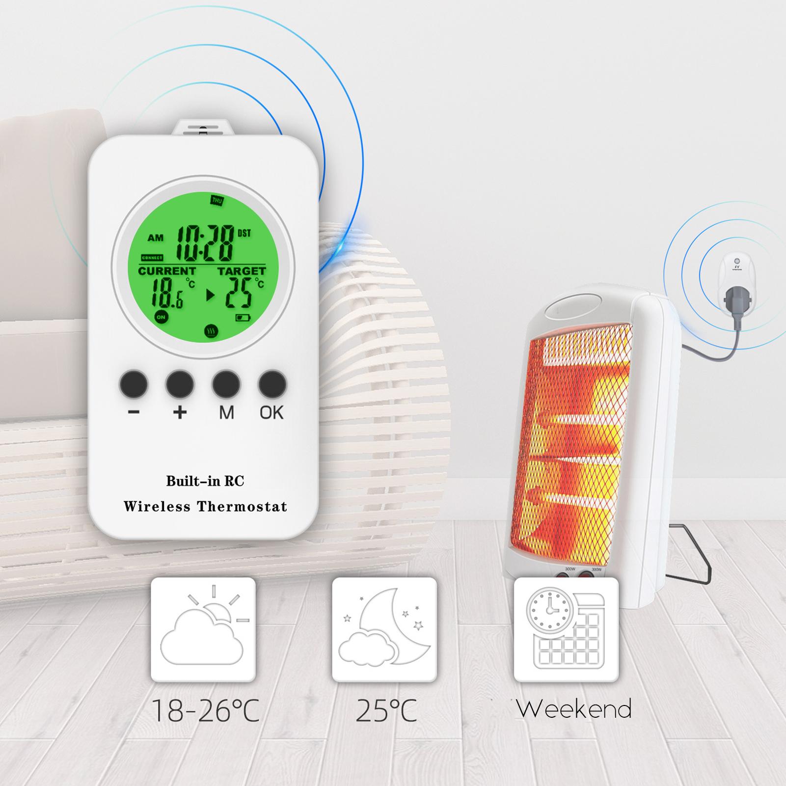 230V 16A Wireless Thermostat Remote Thermostat Control Plug-in Socket 0~70℃ Temperature Range Wireless Timing Temperature Control Socket Digital Display with Green Backlight