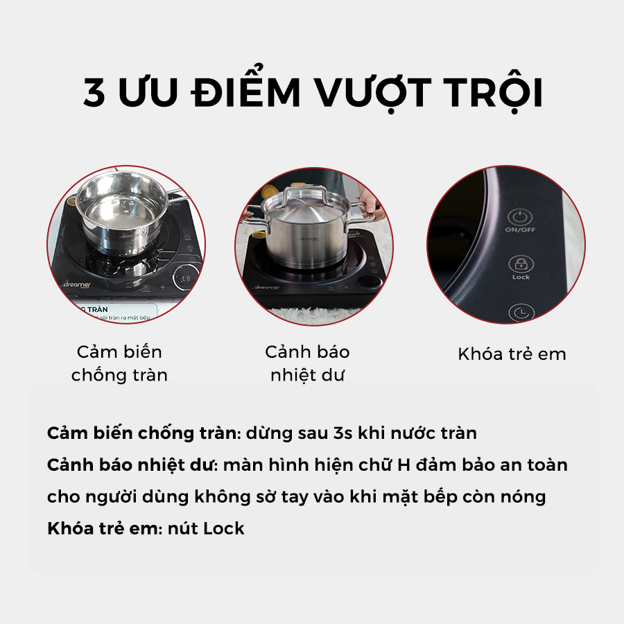Bếp Từ Đơn Dreamer DC-IH01, chống tràn, cảnh báo nhiệt dư, khóa trẻ em - BH 12tháng, Hàng chính hãng