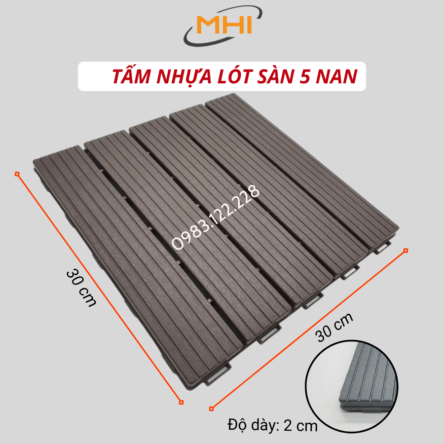 Vỉ nhựa lót sàn MHI cao 2 cm, chuyên dụng cho ban công, bể bơi sân vườn PP - kích thước 30 cm x 30 cm x 2 cm