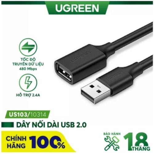 Dây nối dài USB 2.0 (1 đầu đực, 1 đầu cái) dài 1m UGREEN US103 10314 - Hàng chính hãng