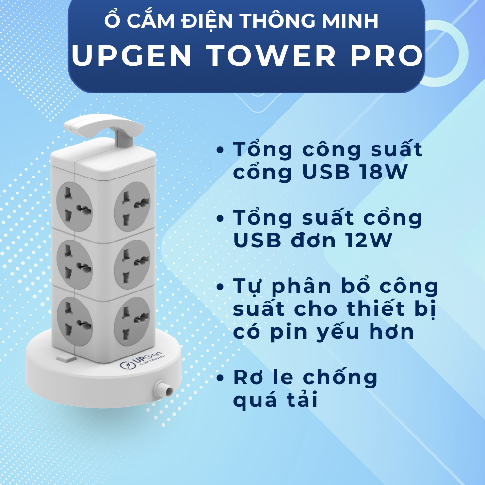 Ổ Cắm Điện Đa Năng UPGEN TOWER PRO Dạng Tháp Nhiều Tầng Chịu Tải Lớn, 3 cổng USB Sạc Nhanh, An Toàn, Chống Giật, Chống Cháy, Dây Dài 3m