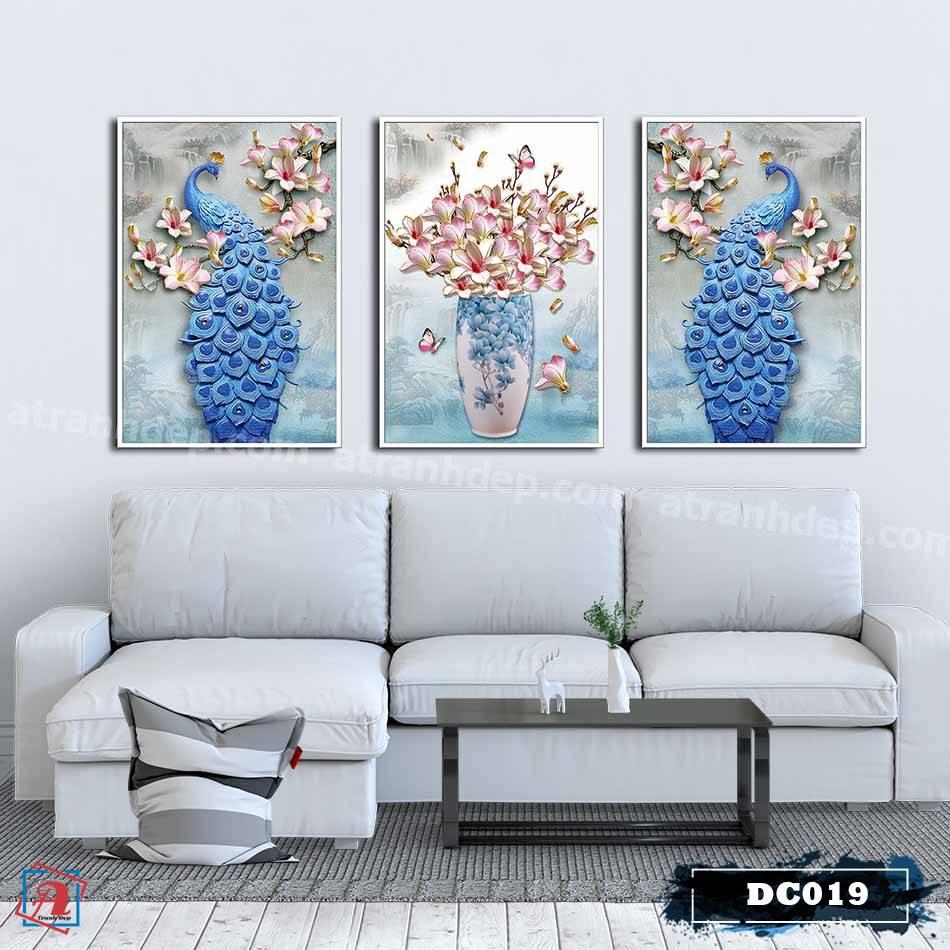 Bộ 3 tranh canvas treo tường decor chim công và bình hoa - DC019