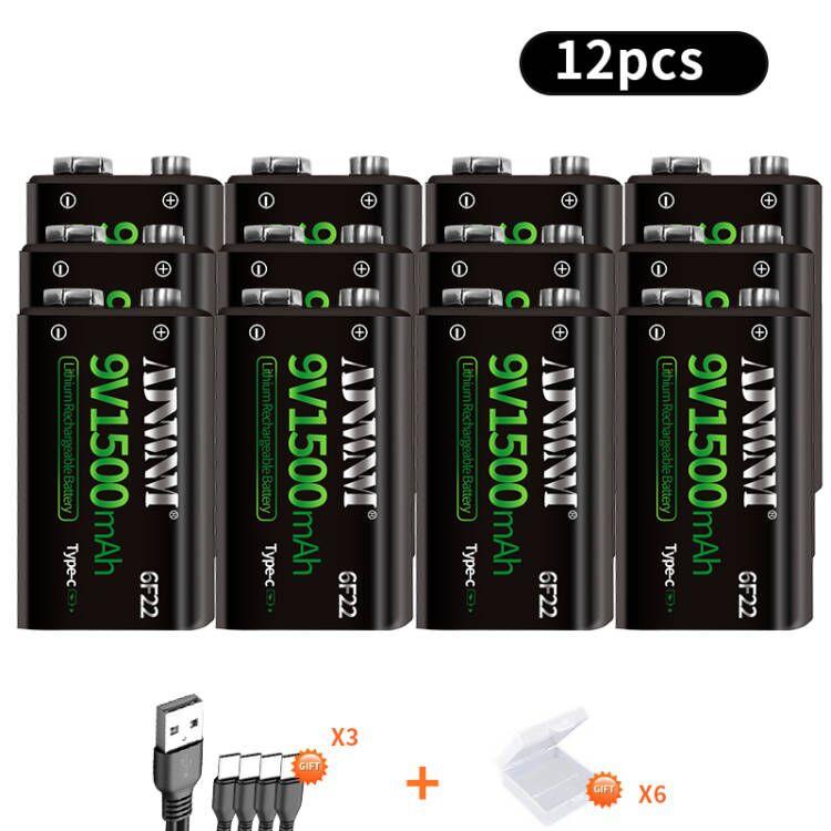 1500mAh type-c USB 9 Volt Pin sạc li-ion 6F22 9V Li ion Lithium cho Đồ chơi mô hình máy bay trực thăng RC Micrô Màu sắc: 12 cái