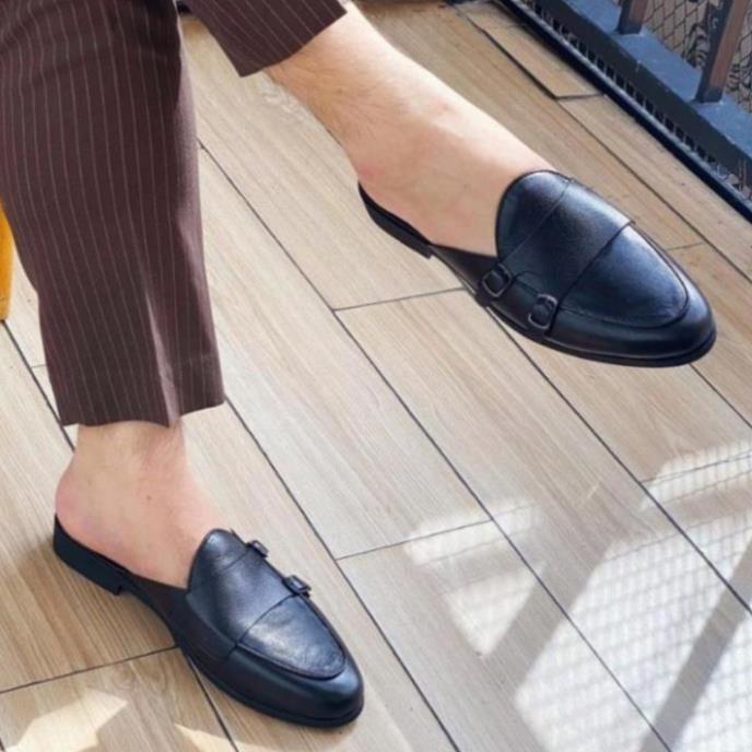 Giày sục nam ERMAND da Pu Pu bảo hành 1 năm kiểu dáng Double Monk Strap Slipper hiện đại - Mã T32